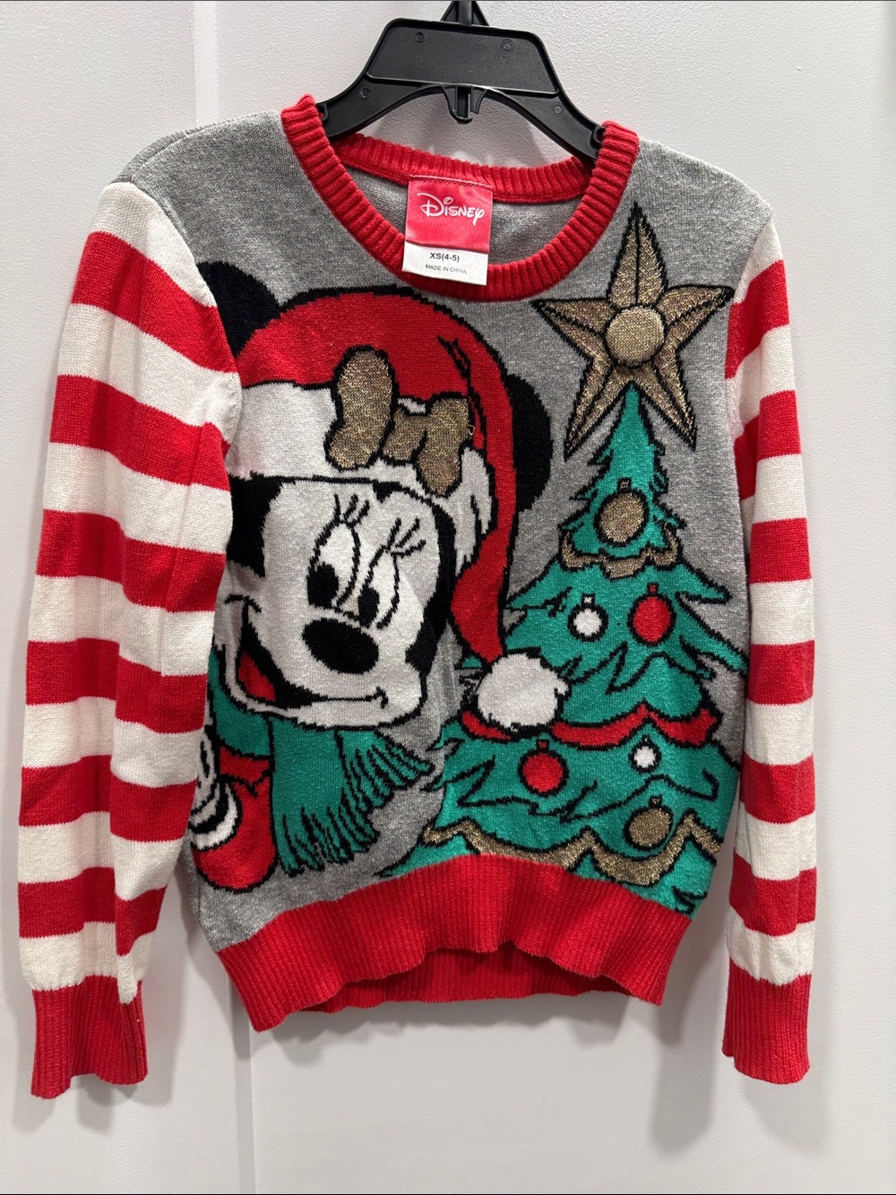 Disney Girls Red, Gray & Green Minnie Mouse Christmas Sweater